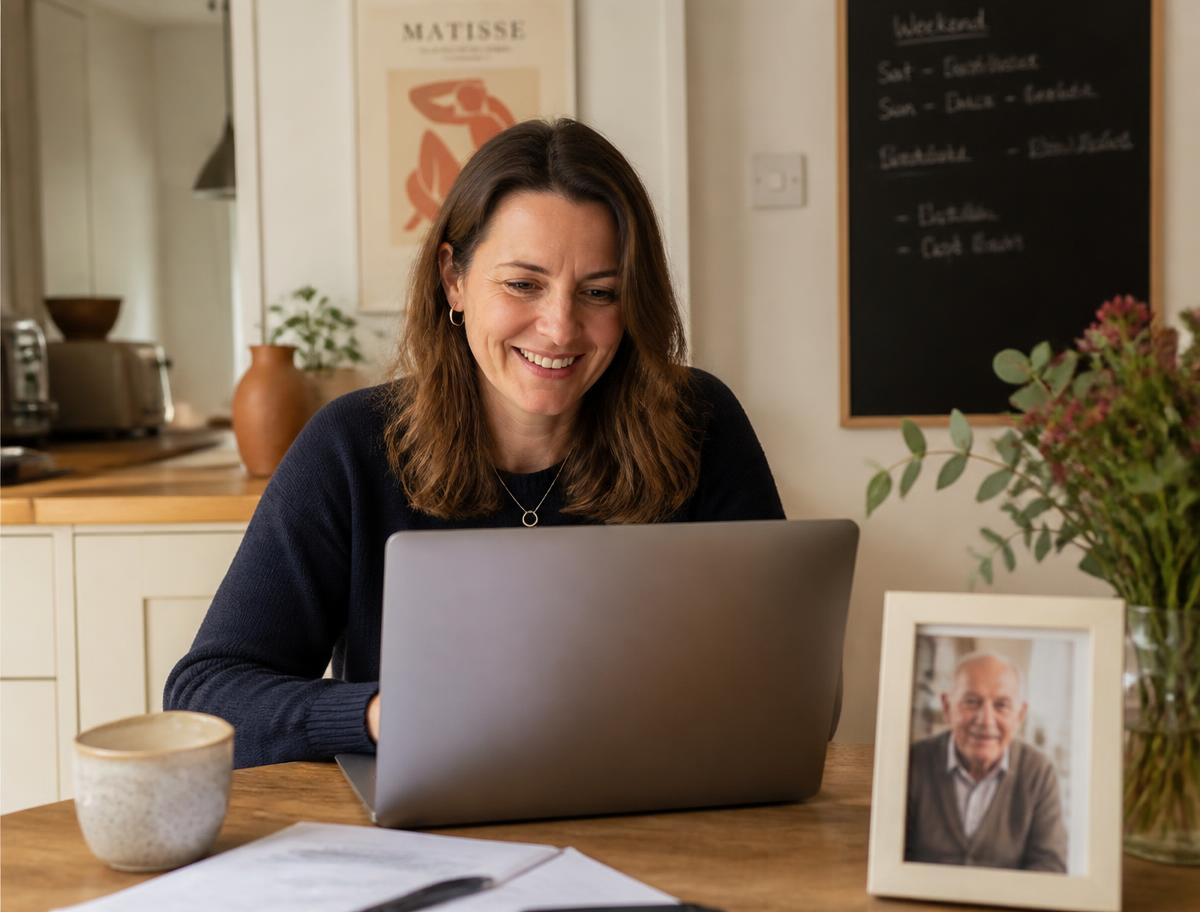 A woman at her kitchen table setting up a profile on a laptop, a photo of her father beside her
