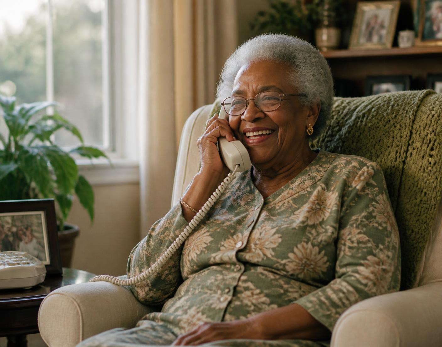 An older woman sitting in her armchair, laughing while talking on the telephone