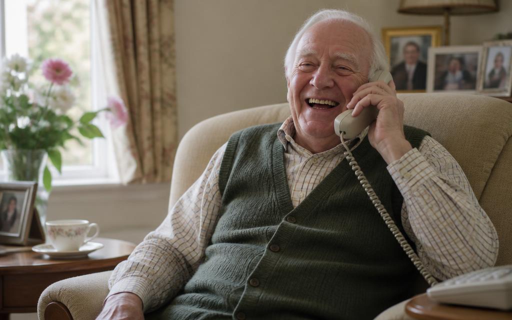 An older man in Gateshead laughing during a phone conversation at home